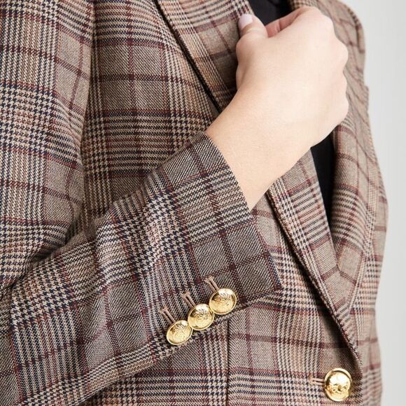 A.L.C Hicks Blazer Brown Bordeaux Blue Gold Plaid One-Button Size 14 - Picture 14 of 14